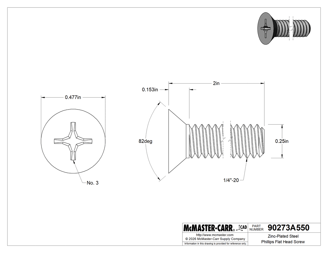 Technical Drawing of Zinc-Plated Steel Phillips Flat Head Screw, 82 Degree Countersink Angle, 1/4"-20 Thread Size, 2" Long.